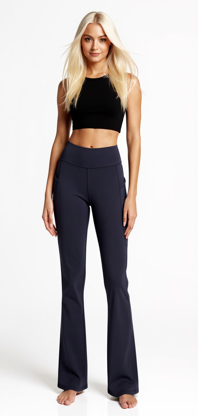 High Waist Bootcut Yoga Pants with Side Pockets — Dark Navy